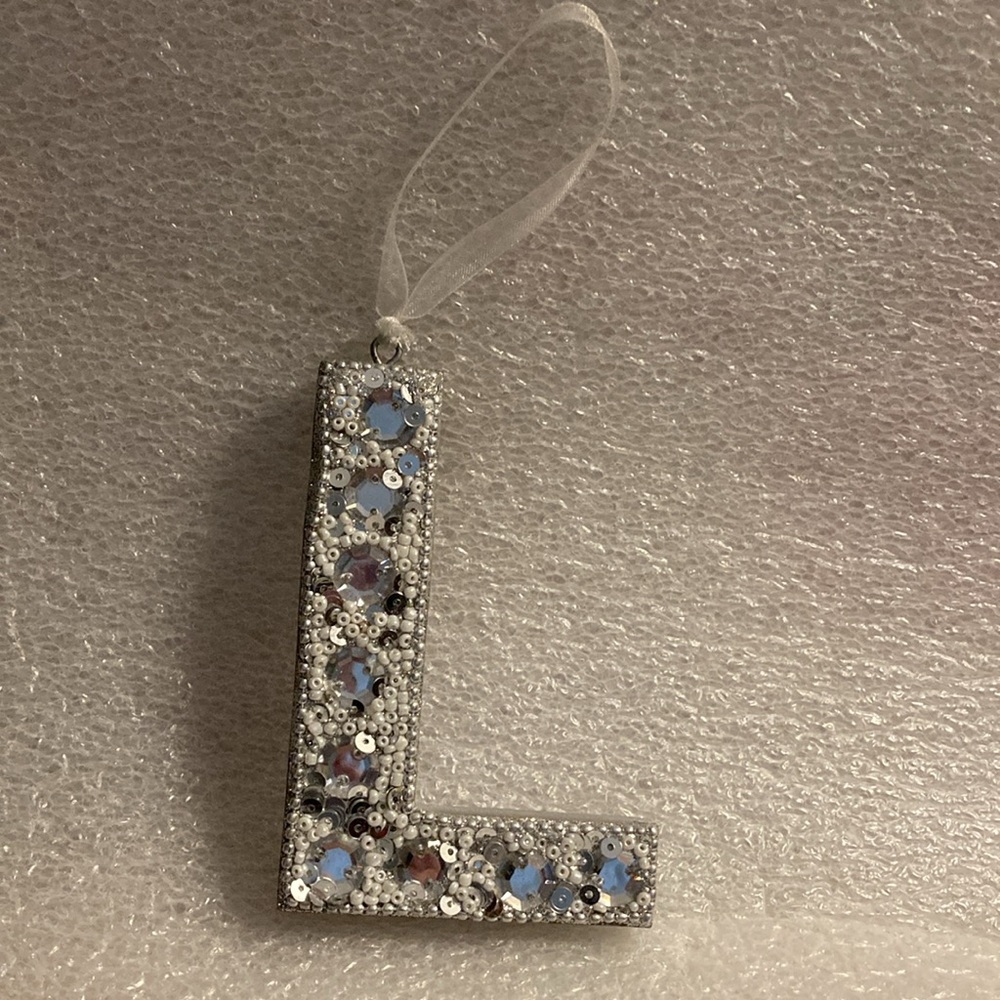Bling Covered Silver Wooden Letter "L" Hanging Ornament & White Ribbon